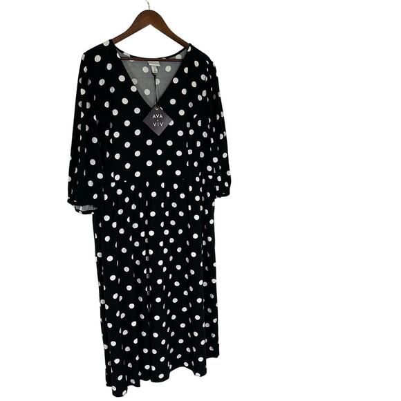 NWT AVA & VIV Black And White Polkadot MIDI Dress Size 2X Summer Beachy - Picture 1 of 8